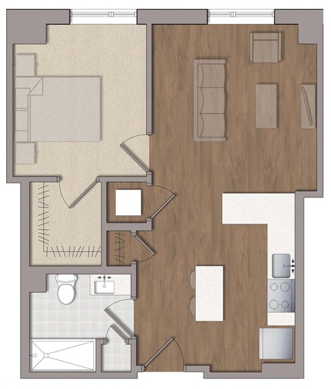 Floor plan for 1 bed, 1 bath, 642 sqft